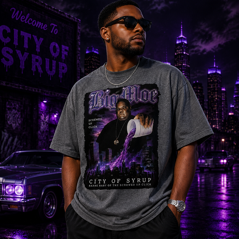 Big Moe Inspired Graphic T-Shirt with Purple Street Art Design and Hip Hop Culture Style
