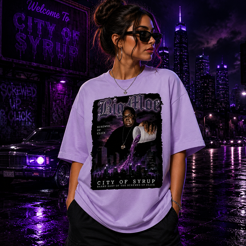 Big Moe Inspired Graphic T-Shirt with Purple Street Art Design and Hip Hop Culture Style