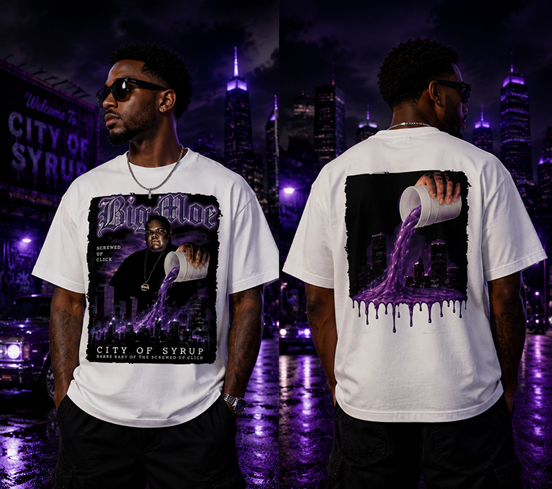 Big Moe Inspired Graphic T-Shirt with Purple Street Art Design and Hip Hop Culture Style