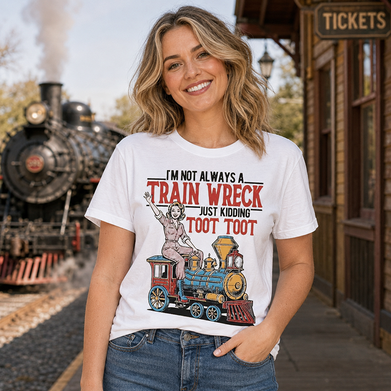 Funny Train Wreck T-Shirt with Retro Locomotive Design and Playful Toot Toot Humor