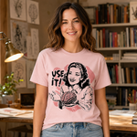 Funny “Use It” Brain Graphic T-Shirt with Retro Woman Design for Smart and Sarcastic Thinkers