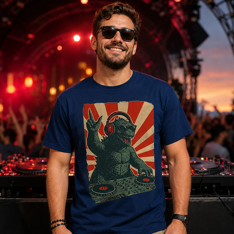 Retro Monster DJ Graphic T-Shirt Featuring a Headphone-Wearing Kaiju Spinning Vinyl Records in Streetwear Style