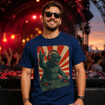 Retro Monster DJ Graphic T-Shirt Featuring a Headphone-Wearing Kaiju Spinning Vinyl Records in Streetwear Style