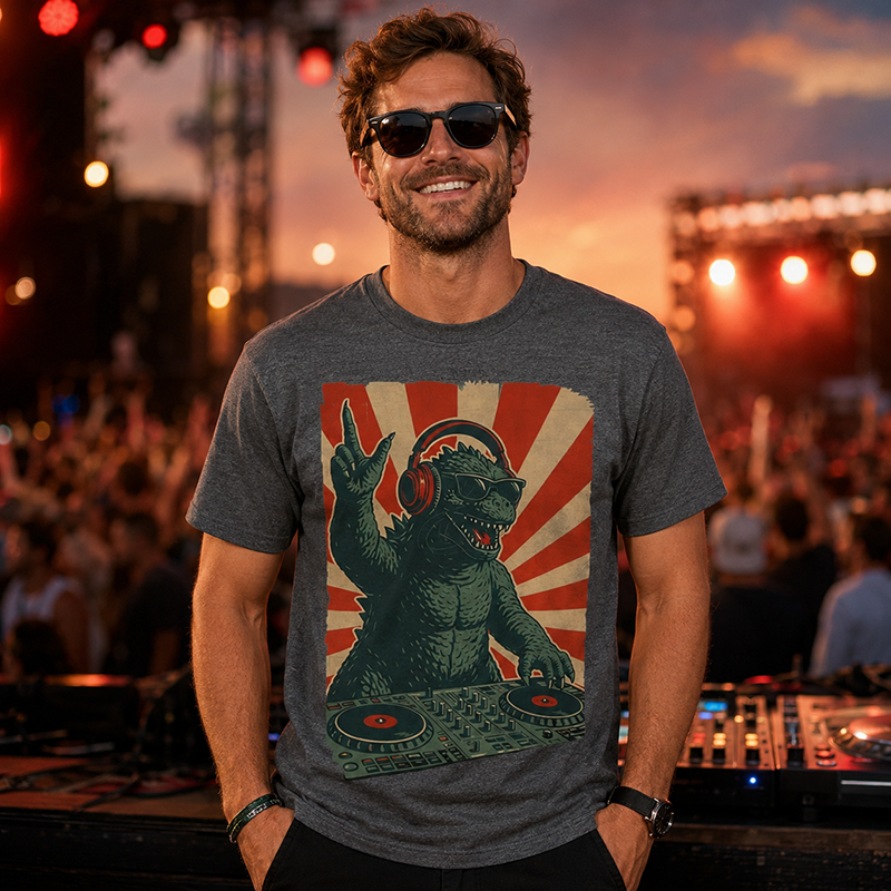 Retro Monster DJ Graphic T-Shirt Featuring a Headphone-Wearing Kaiju Spinning Vinyl Records in Streetwear Style