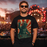 Retro Monster DJ Graphic T-Shirt Featuring a Headphone-Wearing Kaiju Spinning Vinyl Records in Streetwear Style