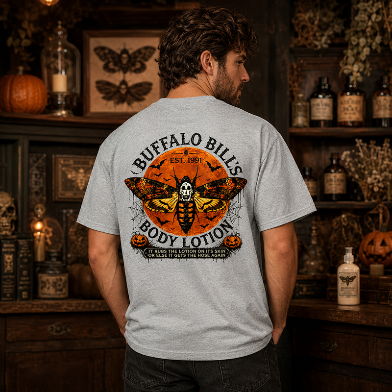 Buffalo Bill’s Body Lotion Horror Moth Graphic Halloween T-Shirt with Vintage Front and Back Print