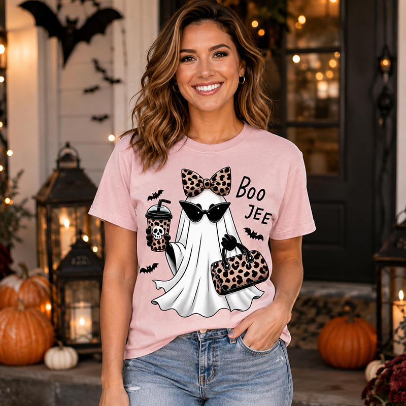 Boo Jee Chic Ghost Halloween T-Shirt with Leopard Print Accessories for Stylish Spooky Season Fans