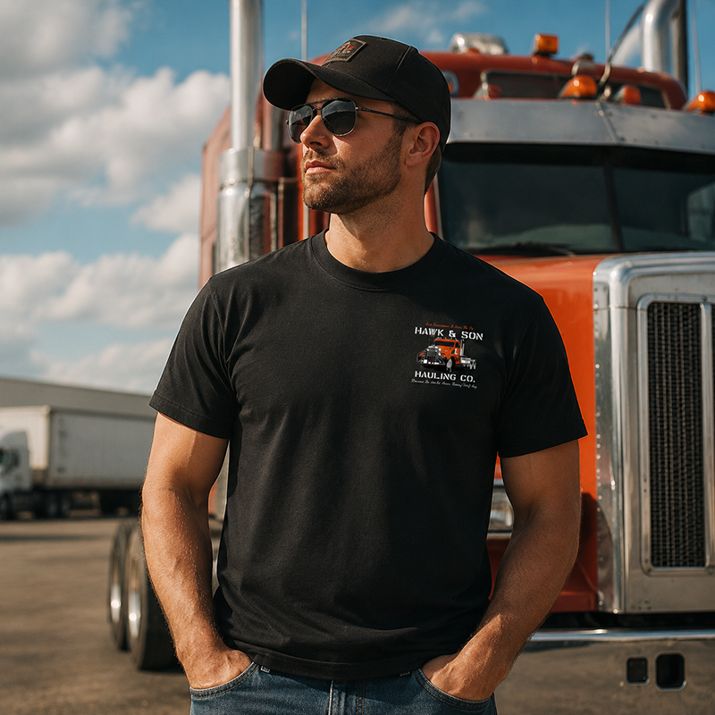 Hawk & Son Hauling Co. Vintage Truck Driver T-Shirt, Classic Heavy Haulage Graphic Tee