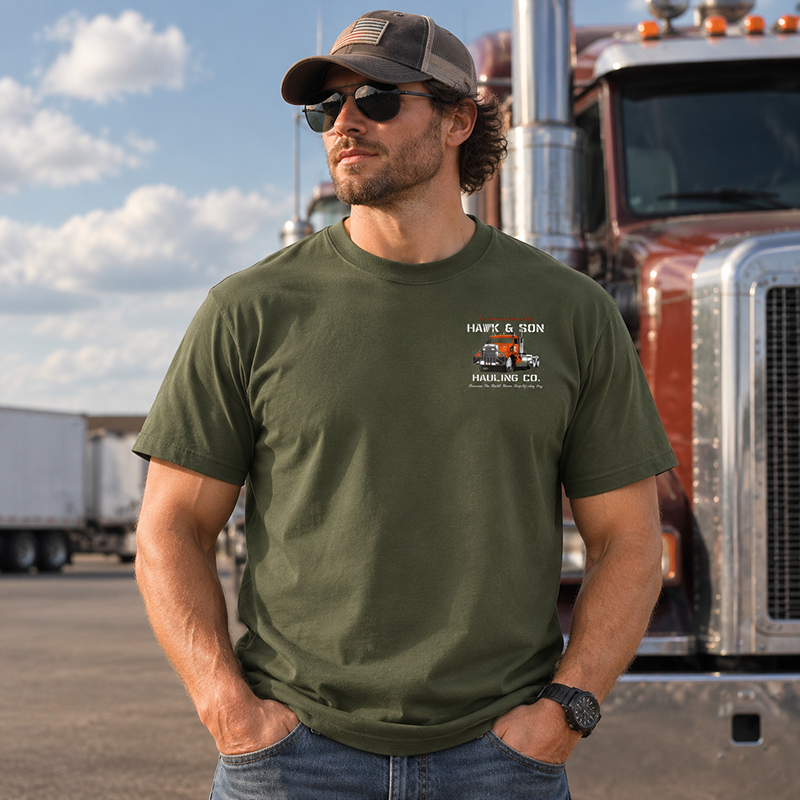 Hawk & Son Hauling Co. Vintage Truck Driver T-Shirt, Classic Heavy Haulage Graphic Tee