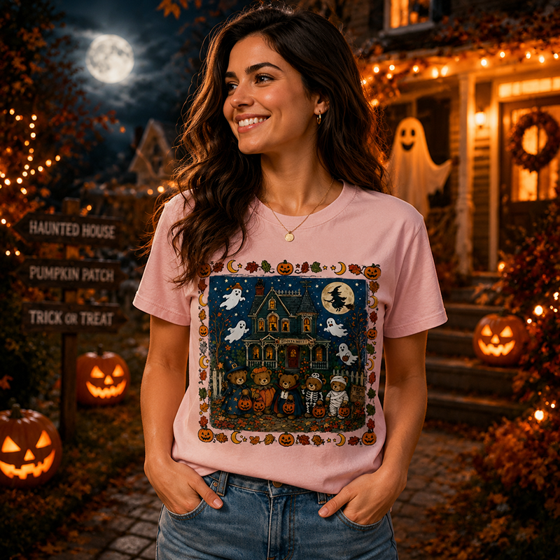 Vintage Halloween T Shirt for Men and Women Featuring Spooky Haunted House, Ghosts and Cute Trick or Treat Design