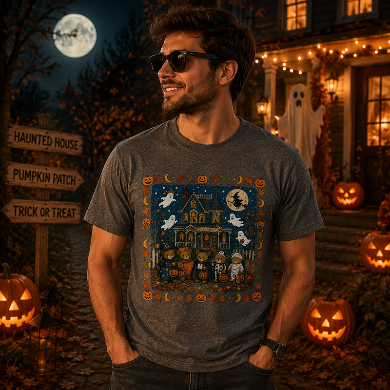 Vintage Halloween T Shirt for Men and Women Featuring Spooky Haunted House, Ghosts and Cute Trick or Treat Design