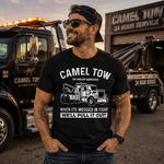 Funny Tow Truck T Shirt for Men Featuring Camel Tow 24 Hour Service Rescue Design and Roadside Humor