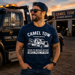 Funny Tow Truck T Shirt for Men Featuring Camel Tow 24 Hour Service Rescue Design and Roadside Humor