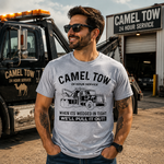 Funny Tow Truck T Shirt for Men Featuring Camel Tow 24 Hour Service Rescue Design and Roadside Humor