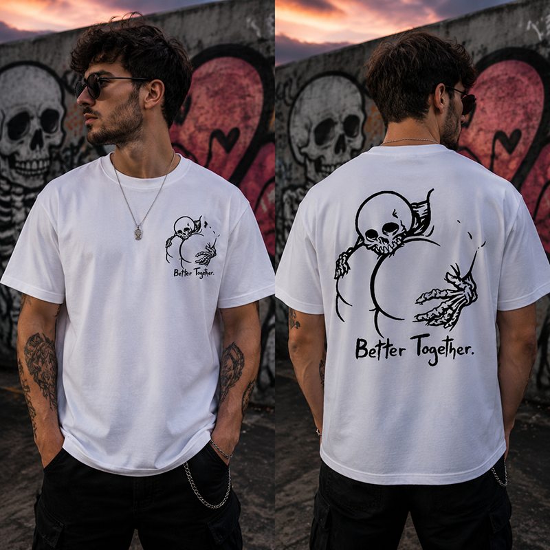 Dark Gothic Couple T Shirt Featuring Skeleton Love Design and “Better Together” Romantic Alternative Style