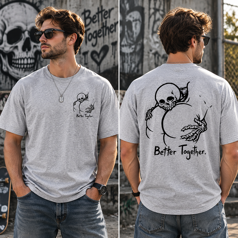Dark Gothic Couple T Shirt Featuring Skeleton Love Design and “Better Together” Romantic Alternative Style