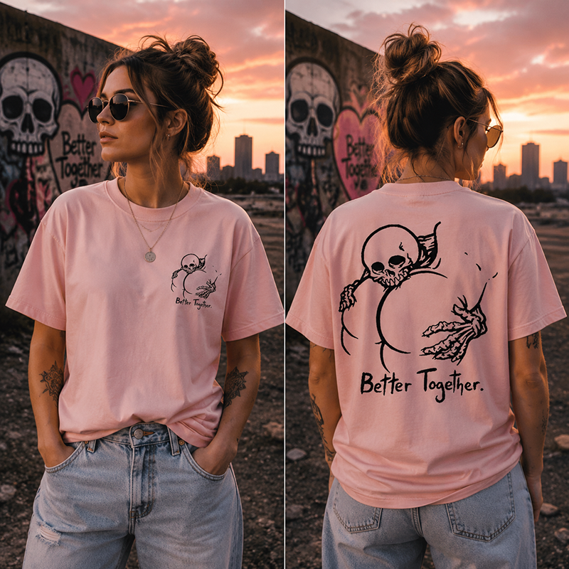 Dark Gothic Couple T Shirt Featuring Skeleton Love Design and “Better Together” Romantic Alternative Style