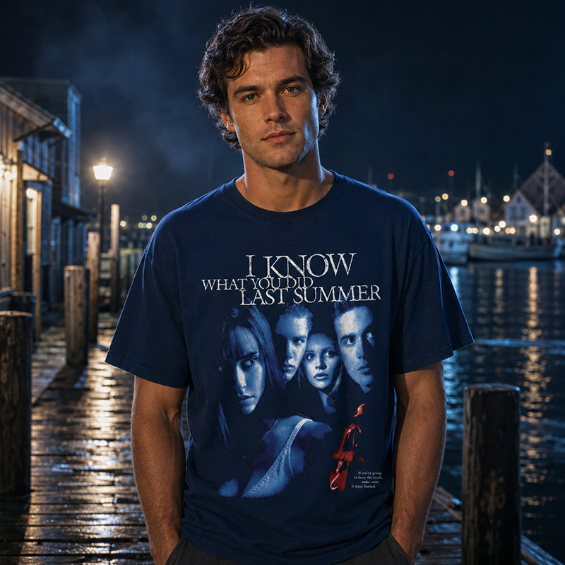 I Know What You Did Last Summer Horror Movie Graphic T-Shirt for Retro Thriller Fans and Collectors