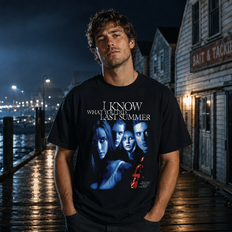 I Know What You Did Last Summer Horror Movie Graphic T-Shirt for Retro Thriller Fans and Collectors