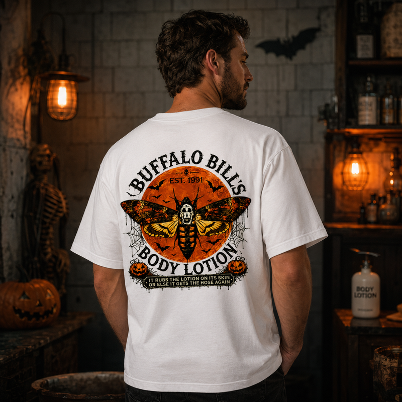 Buffalo Bill’s Body Lotion Horror Moth Graphic Halloween T-Shirt with Vintage Front and Back Print