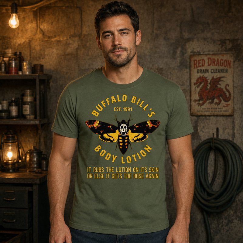Buffalo Bill’s Body Lotion Horror Movie Parody Graphic T-Shirt for Dark Humor and Thriller Fans