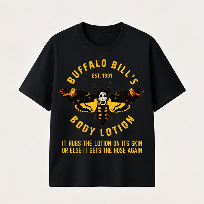 Buffalo Bill’s Body Lotion Horror Movie Parody Graphic T-Shirt for Dark Humor and Thriller Fans