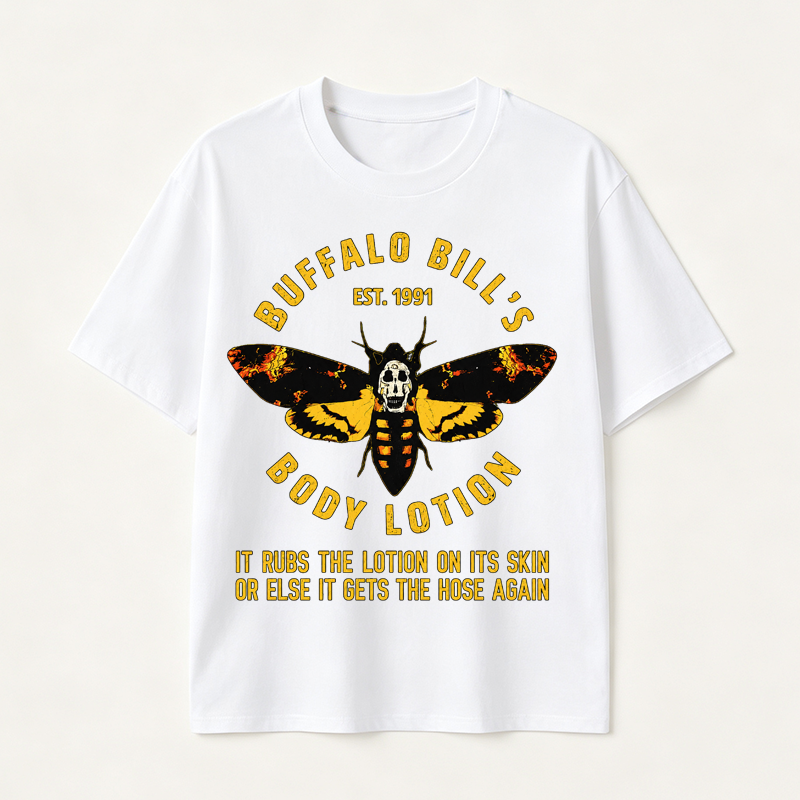 Buffalo Bill’s Body Lotion Horror Movie Parody Graphic T-Shirt for Dark Humor and Thriller Fans