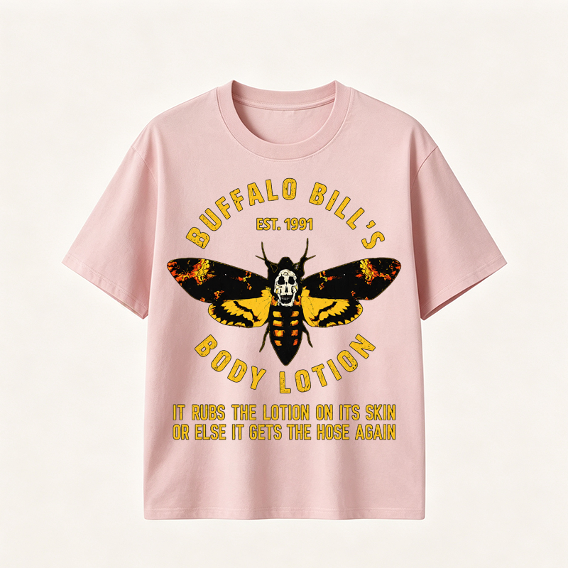Buffalo Bill’s Body Lotion Horror Movie Parody Graphic T-Shirt for Dark Humor and Thriller Fans
