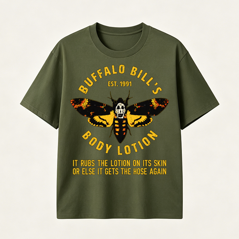 Buffalo Bill’s Body Lotion Horror Movie Parody Graphic T-Shirt for Dark Humor and Thriller Fans