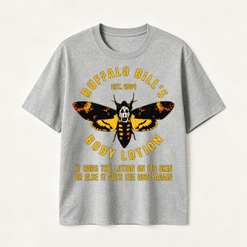 Buffalo Bill’s Body Lotion Horror Movie Parody Graphic T-Shirt for Dark Humor and Thriller Fans
